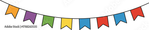 Colorful festive bunting flags hanging on string, perfect for birthday, carnival, celebration, party decoration, or cheerful holiday background