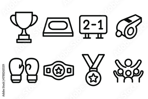 Competition Icons. Competitive Spirit linear icon set: trophy, mat, score board, referee whistle, gloves, belt, medal, cheering crowd.