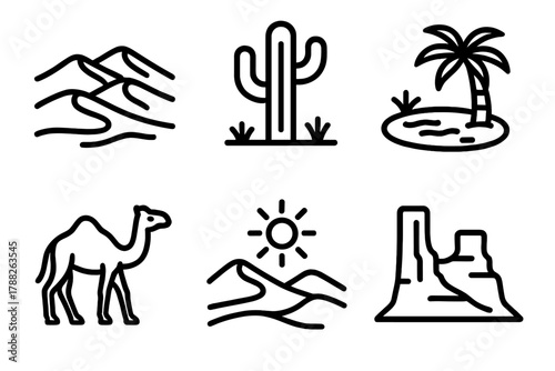Desert Icons Illustration. Desert Landscape linear icon set: sand dunes, cactus, oasis, camel, sun, rock formation.