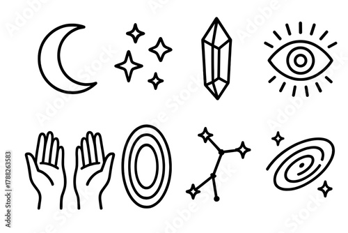 Celestial Icon Set. Astral Realms linear icon set: moon, stars, crystal, third eye, constellation, aura, open hands, galaxy.