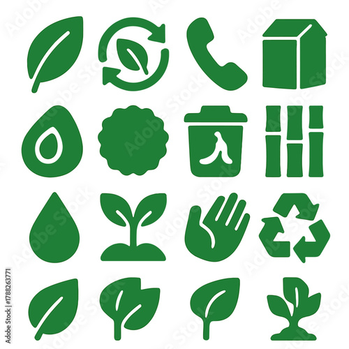 Bold Eco Icon Set. Green product design silhouette icon set: leaf logo, biodegradable symbol, phone, packaging, seed icon, eco badge, compost bin, bamboo pattern, water drop, plant