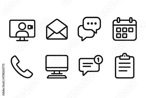 Office Icon Set. Office Communication linear icon set: video call, email icon, conversation bubbles, calendar, phone, desk computer, message notification, clipboard.