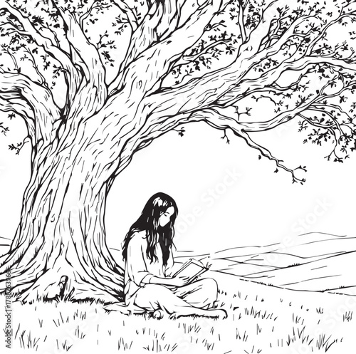 Person reading under a large tree with hills in background illustrated in black and white peaceful style