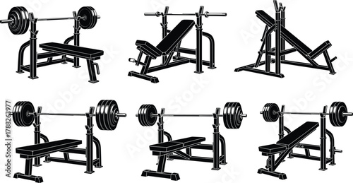 Weight bench press setup, gym equipment icon, barbell station, cad drawing flat vector illustration set