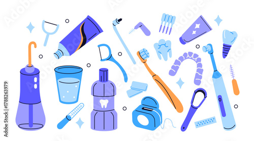 Oral hygiene and dental care vector illustration set. Collection of toothpaste, mouthwash, interdental brushes, tongue cleaner, electric toothbrush, irrigator and other tools for healthy teeth.

