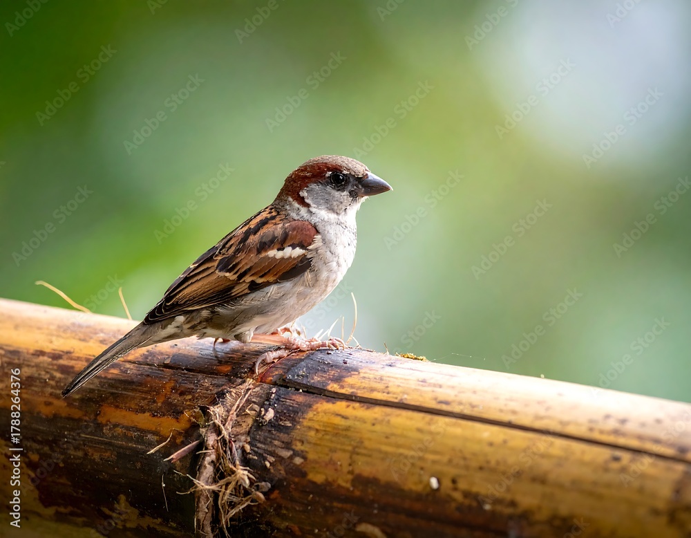 Naklejka premium A brown and white sparrow perched on a bamboo branch against a soft green backdrop
