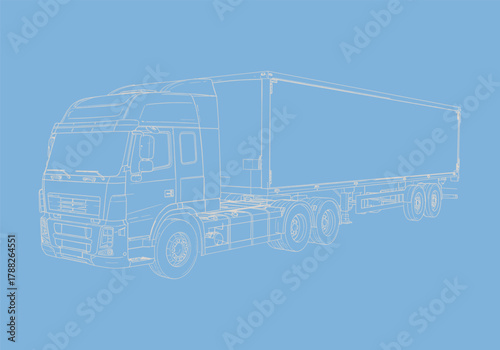 Wireframe semi-truck, cargo trailer, freight transport, technical vehicle, blueprint style, cad drawing flat vector illustration
