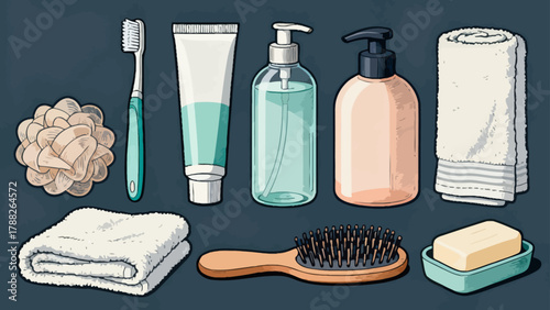 A collection of bathroom bath products, featuring cartoon hand-drawn vector illustrations, including body wash, shampoo, soap, toothbrush, toothpaste, mirror, towel and comb