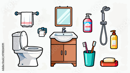 A collection of bathroom bath products, featuring cartoon hand-drawn vector illustrations, including body wash, shampoo, soap, toothbrush, toothpaste, mirror, towel and comb