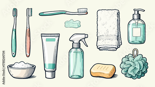 A collection of bathroom bath products, featuring cartoon hand-drawn vector illustrations, including body wash, shampoo, soap, toothbrush, toothpaste, mirror, towel and comb