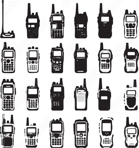 Silhouette of handheld two-way radio with antenna, knobs, screen, and keypad illustrated in black and white