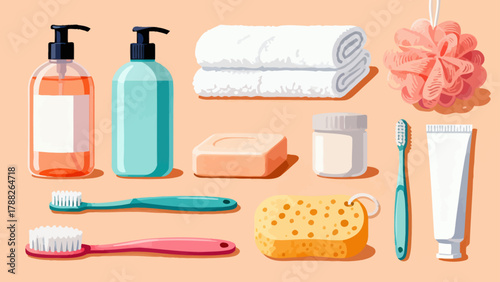A collection of bathroom bath products, featuring cartoon hand-drawn vector illustrations, including body wash, shampoo, soap, toothbrush, toothpaste, mirror, towel and comb