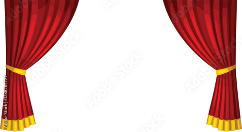 Elegant red stage curtains with gold trim and tiebacks, classic theater drapery background for performance, cinema, or celebration design