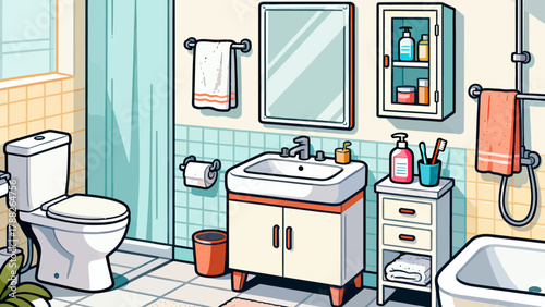 A collection of bathroom bath products, featuring cartoon hand-drawn vector illustrations, including body wash, shampoo, soap, toothbrush, toothpaste, mirror, towel and comb