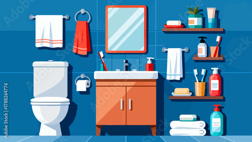 A collection of bathroom bath products, featuring cartoon hand-drawn vector illustrations, including body wash, shampoo, soap, toothbrush, toothpaste, mirror, towel and comb