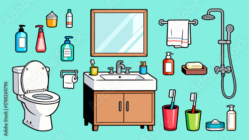 A collection of bathroom bath products, featuring cartoon hand-drawn vector illustrations, including body wash, shampoo, soap, toothbrush, toothpaste, mirror, towel and comb