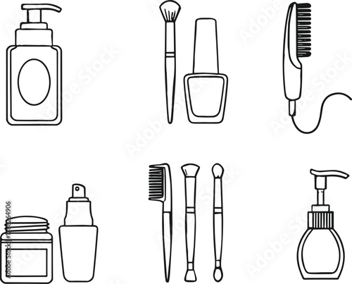 Personal care icons, pump bottle, nail polish, hairbrush, spray jar, comb, makeup tools, grooming vector set illustration