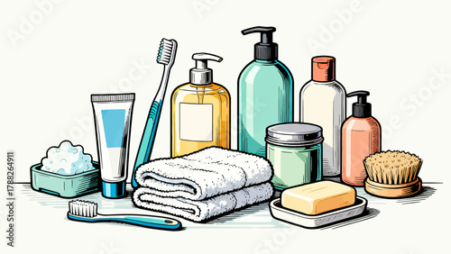 A collection of bathroom bath products, featuring cartoon hand-drawn vector illustrations, including body wash, shampoo, soap, toothbrush, toothpaste, mirror, towel and comb