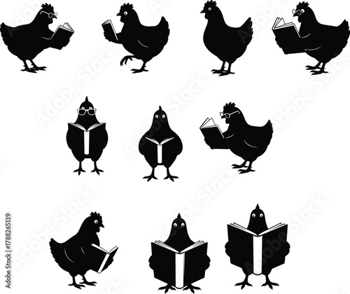 Cartoon chickens reading books, educational poultry silhouettes, humorous farm animals, whimsical learning art, study concept, stock illustration