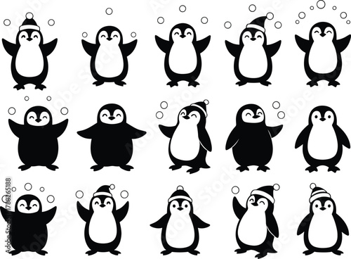 Cartoon penguin silhouettes, winter hats, playful expressions, cute animal illustration, penguin grid art, fun design