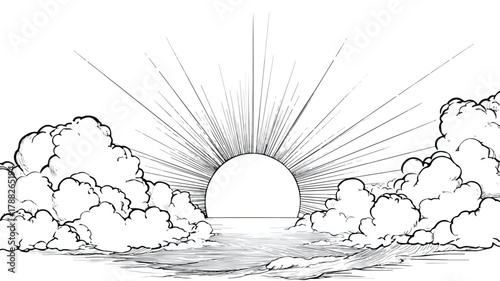 Serene Vector Drawing of Sun, Ocean, and Clouds with Outline for Adobe Stock Photos