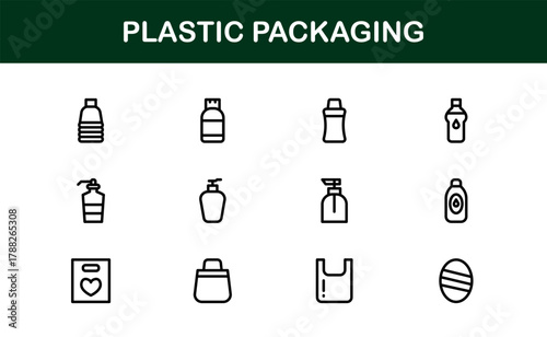 Plastic Packaging Glyph Icon Set. Functional, versatile icons representing bottles, jars, and packaging workflow tools.
