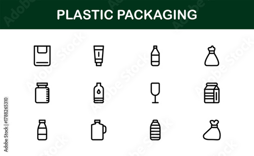 Plastic Packaging Minimal Icon Set. Clean, streamlined icons for storage containers, product packaging, and shipping management.
