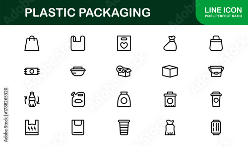 Plastic Packaging Creative Icon Set. Bright, engaging icons for containers, bottles, and packaging management workflows.
