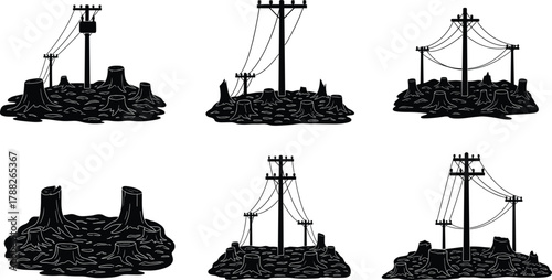 Deforestation illustration, utility pole artwork, power line silhouette, environmental impact design, tree stump concept, ecological destruction, energy infrastructure, sustainability issue, 