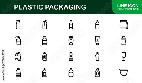 Plastic Packaging Thin Icon Set. Lightweight, precise icons for bottles, jars, boxes, and packaging management tools.
