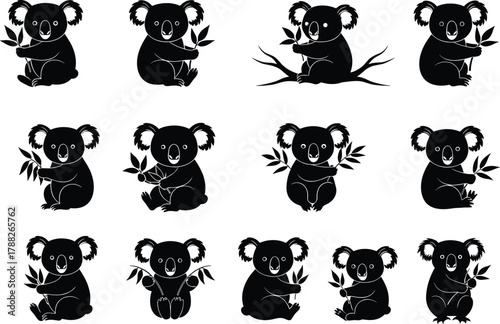 Koala silhouettes, eucalyptus leaves, animal illustration, wildlife art, cute koala design, nature pose, Australian icon