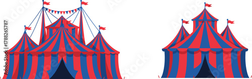 Red and blue circus tents with flags and bunting, festive carnival pavilion illustration for fairground, festival and amusement park