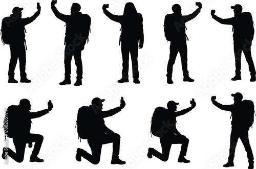 Silhouette hikers taking selfies, backpack travelers, outdoor adventure photography, modern travel lifestyle, smartphone hiking poses