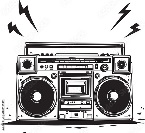 Vintage boombox with dual speakers, cassette deck, buttons, antenna, and lightning bolts in black and white
