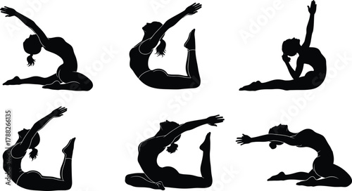 Yoga silhouette illustration, fitness exercise poses, flexibility training, meditation practice, healthy lifestyle, stretching workout,