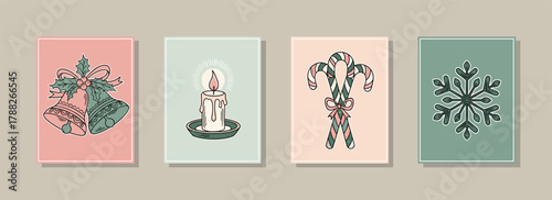 Christmas cards with minimalist vintage design. Bells, candles, candy canes, and snowflake on soft backgrounds. Calm and elegant seasonal look