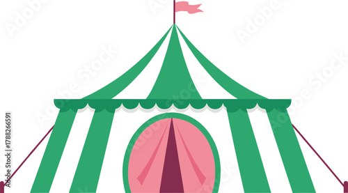 Green and white circus tent with pink entrance curtain, carnival pavilion vector illustration for festival, amusement park, and fair design