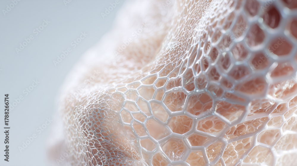Fototapeta premium Artificial skin with hexagonal cellular structure for medical transplantation. Bioengineered tissue showing detailed network pattern for regenerative medicine, wound healing, skin graft development.