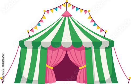 Green and white circus tent illustration with pink curtains and colorful flags, carnival pavilion vector art for fair and festival