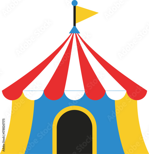 Colorful red and yellow circus tent illustration with blue accents, carnival pavilion design, vector art for entertainment, festival, and fair