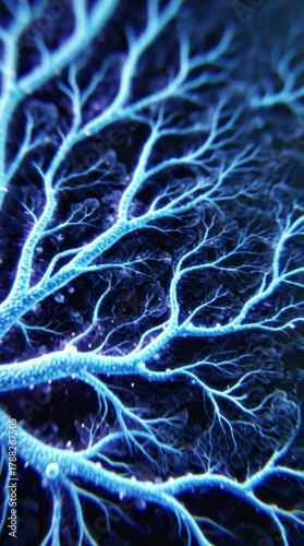 Intricate network of glowing blue bioluminescent neural pathways illuminating a dark, abstract background with tiny light particles.