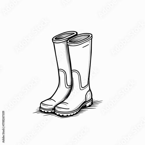 Rubber gardening boots in sketch style on a white background  