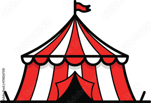 Red and white circus tent vector illustration, carnival fair pavilion design, festival amusement entertainment marquee with flag isolated background