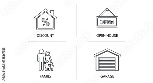 Vector illustration of real estate icons discount, open house, family, and garage