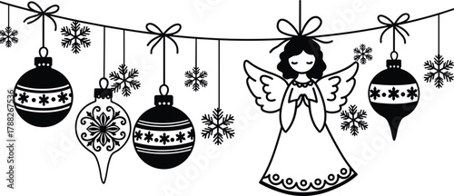 Christmas garland, festive ornaments, snowflakes, angel silhouette, holiday decoration, winter theme, black and white, elegant design, seasonal art, prayerful mood