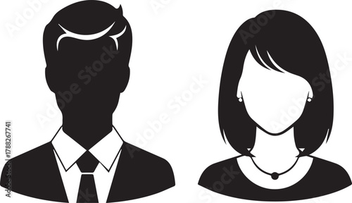 Simple black and white silhouette illustration of a man in a suit and tie next to a woman with short hair and a necklace representing generic user profile avatars or anonymous individuals