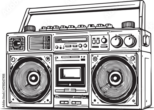Vintage boombox with dual speakers, cassette deck, buttons, knobs, and handle illustrated in black and white