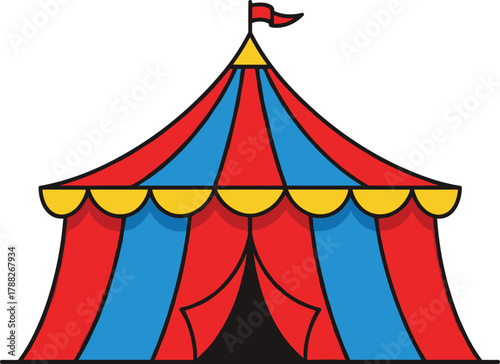Colorful red blue yellow circus tent vector illustration, carnival fairground festival design, amusement entertainment pavilion with flag isolated background