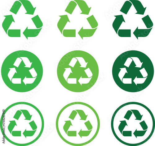 Collection of nine green and white recycling symbols in various circular and triangular formats representing environmental conservation and sustainable resource management for a cleaner planet