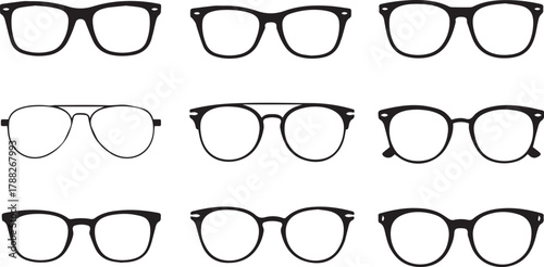 Collection of nine hand drawn vintage and modern eyeglasses and spectacles in a grid layout with black outlines on a white background showcasing diverse frame styles for vision correction and fashion